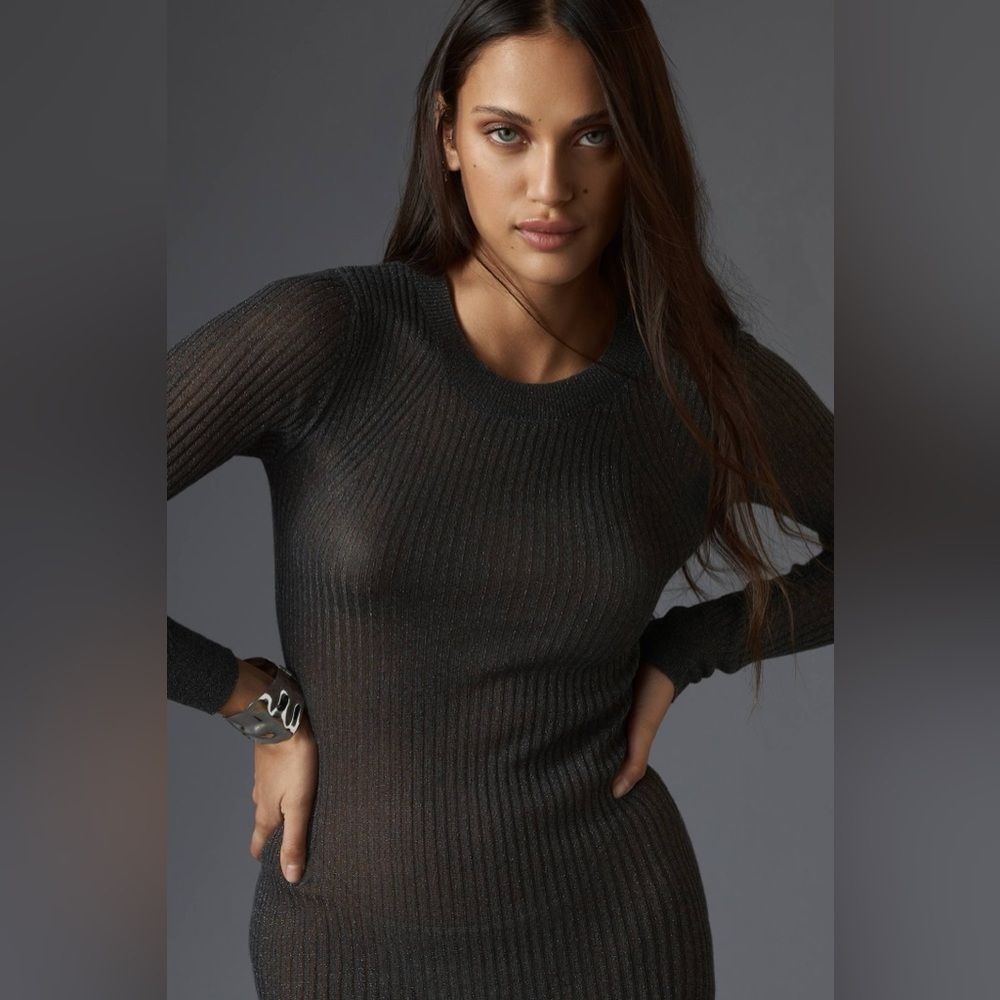 NWT Anthropologie Sheer Long Sleeve Shimmery 90s Y2K Sweater Midi Dress L - Picture 4 of 8